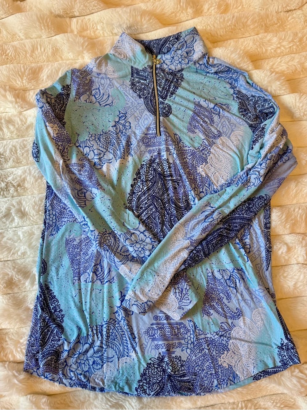 G LIFESTYLE Blue Flower Paisley Small Mock Zip Top Golf Tennis Pickleball Lilly